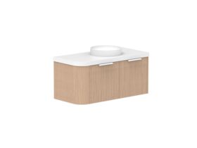 Supporting Image 2- Kado Neue Fluted Single Curve All Drawer 1050mm Wall Hung Vanity with Centre Basin Durasein 50mm Top Blonde Oak