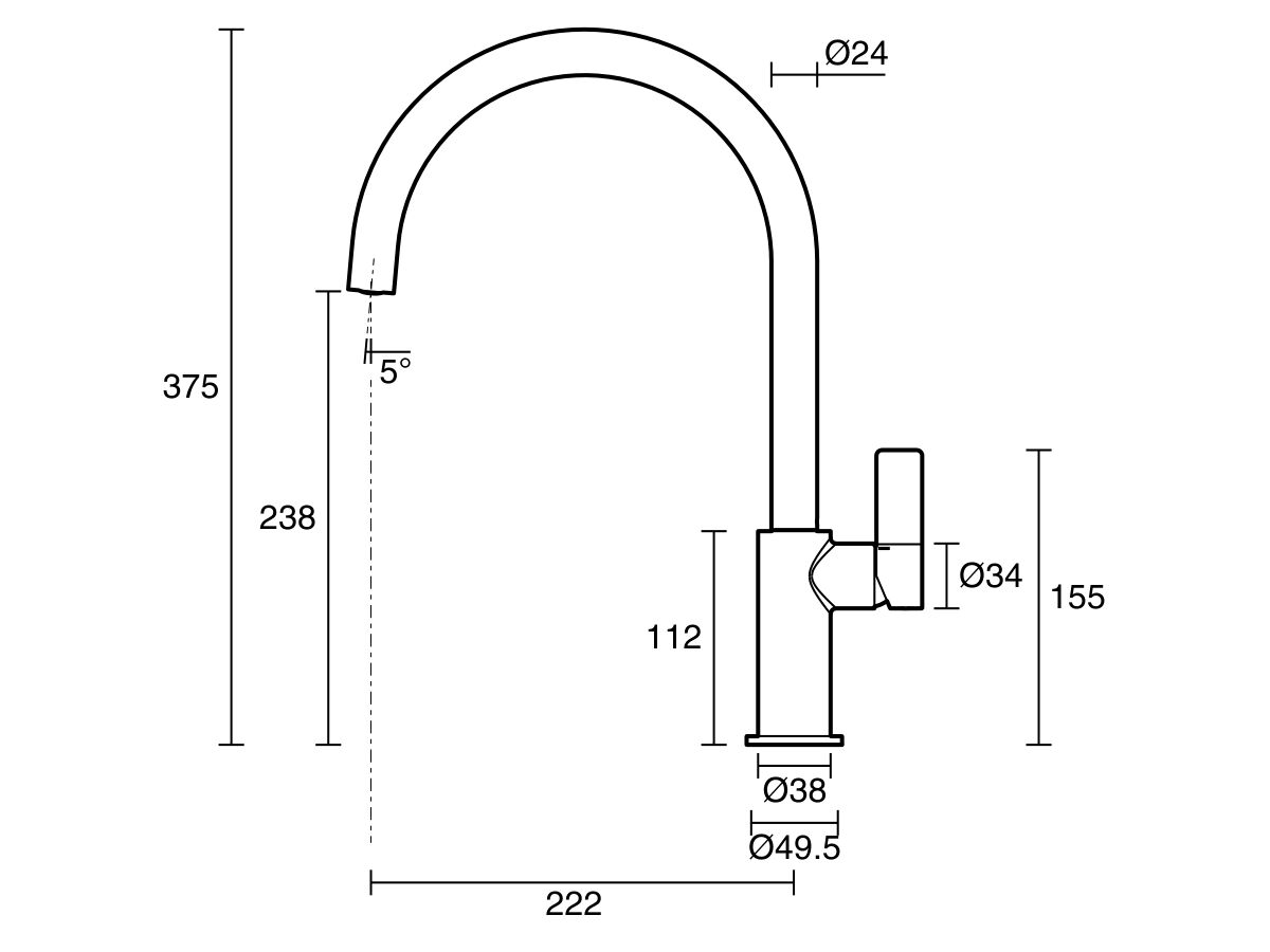 Technical Drawing - Nobili Flag Gooseneck Sink Mixer (4 Star)