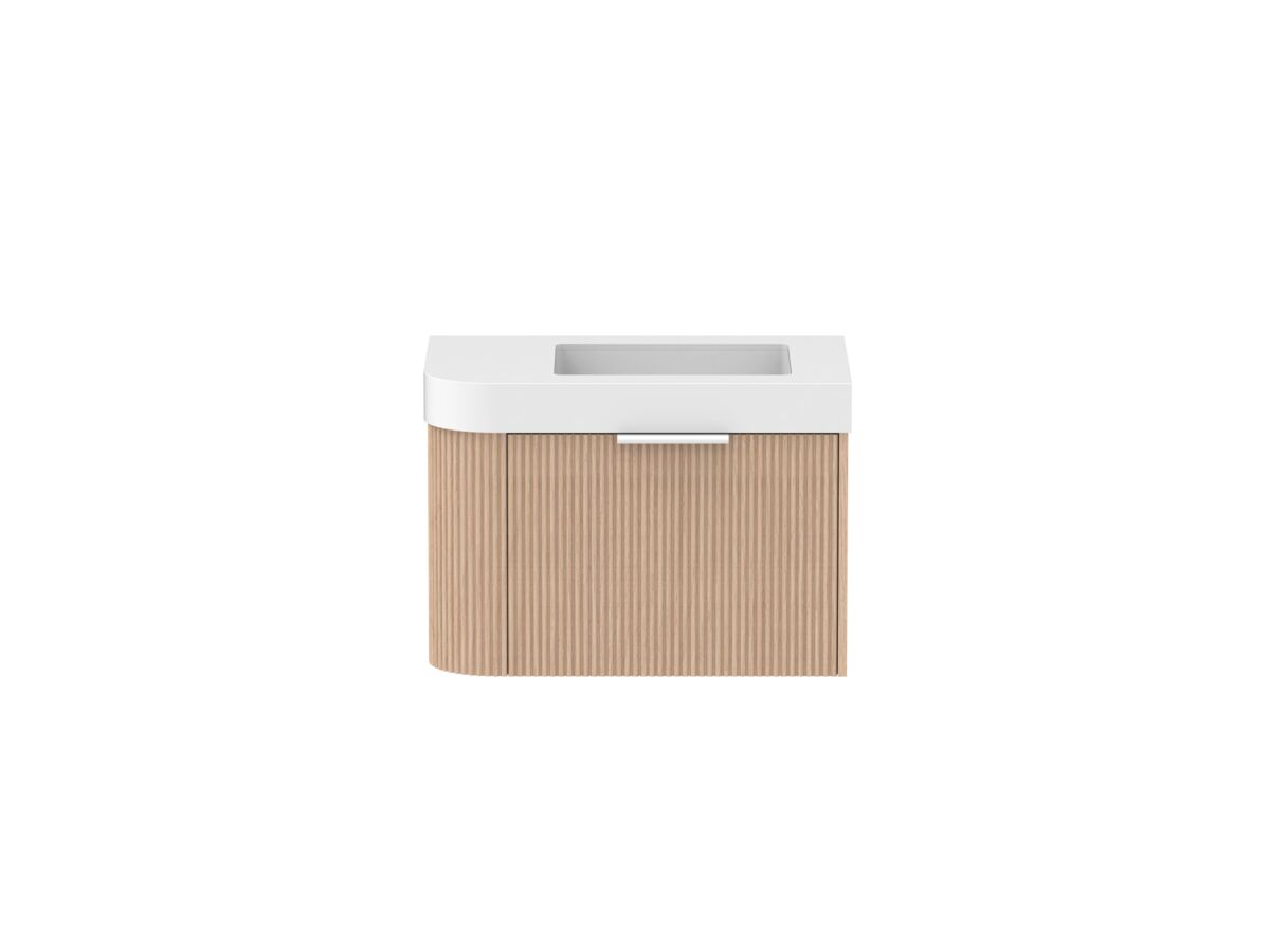 Supporting Image - Kado Neue Fluted Single Curve All Drawer 750mm Wall Hung Vanity with Centre Basin Durasein 90mm Top Blonde Oak