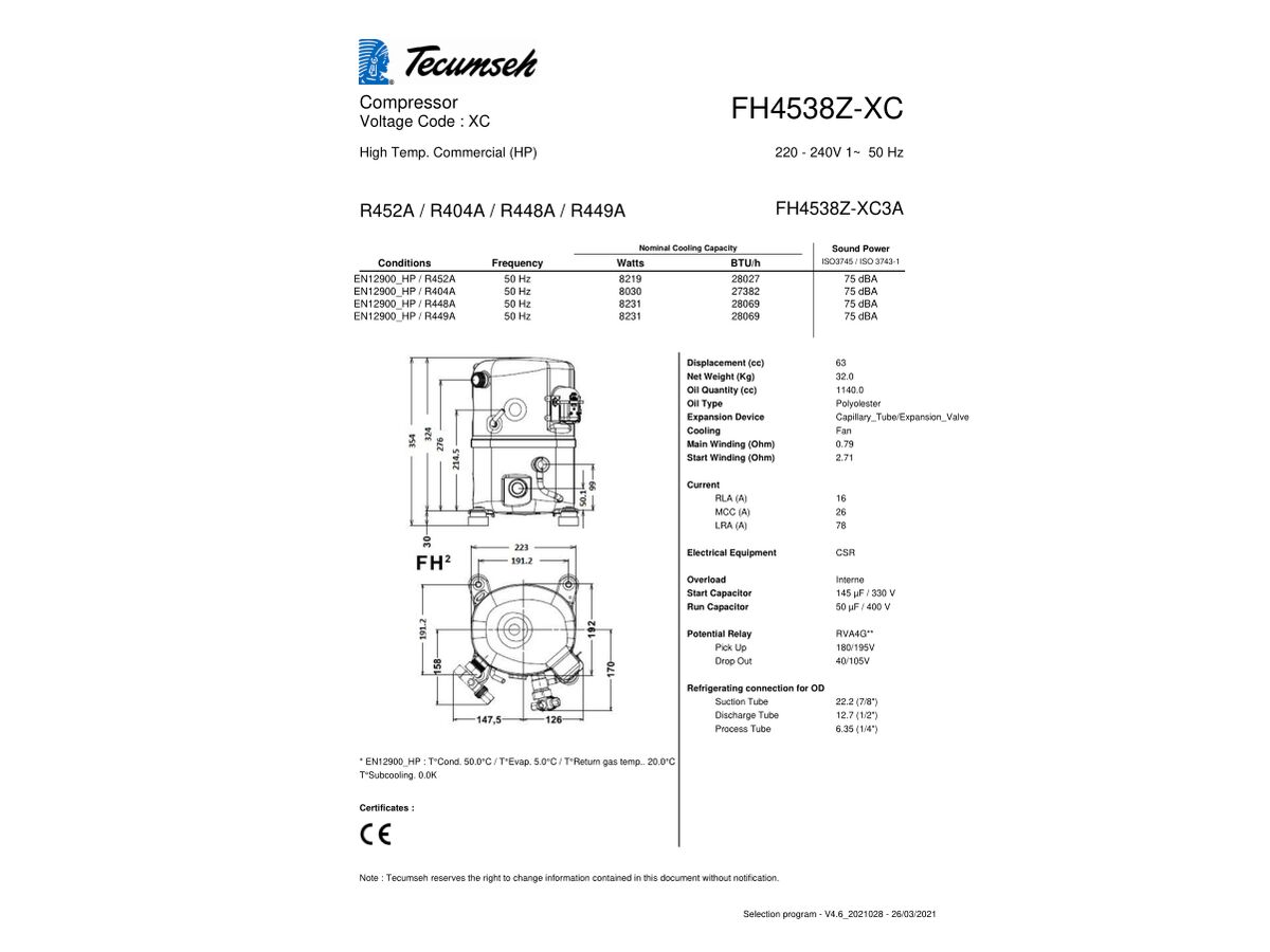 TECUMSEH COMPRESSOR 3HP R404 MHBP FH4538Z-XC