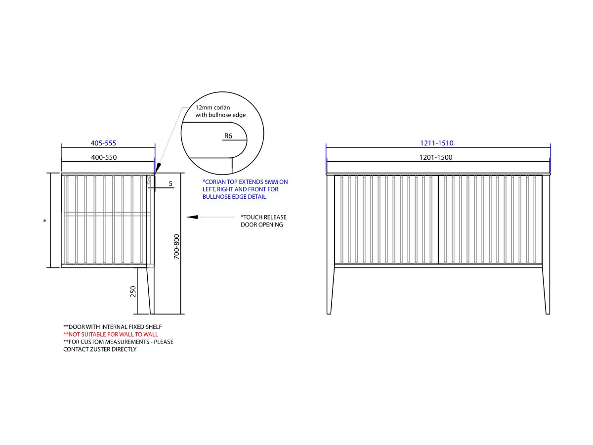 ISSY Custom Cloud I 1201-1500mm x 400-550mm x 700-800mm Vanity Unit with Legs 2 Touch Latch Doors (No Basin)
