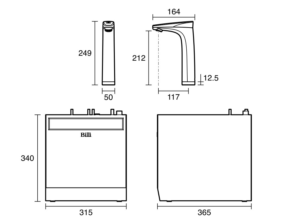 Technical Drawing - Billi Touch Motion Boiling Chilled Tap Quadra Compact Medium Capacity for Up To 20 People