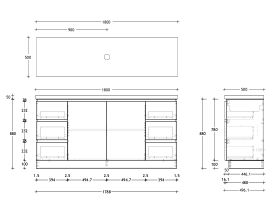 Technical Drawing - Posh Domaine 1800mm Floor Mount Vanity Unit Conventional Single Bowl 50mm Top