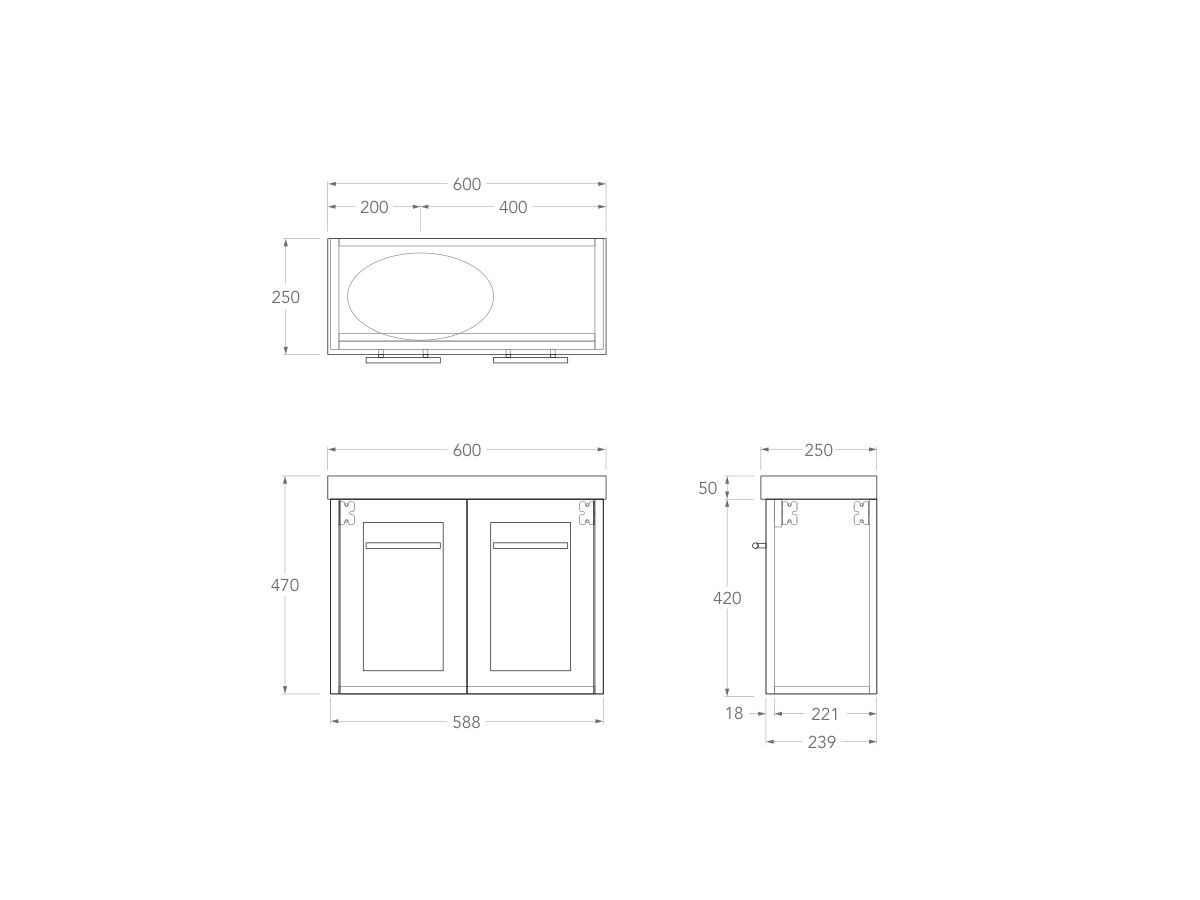 Technical Drawing - Kado Lux Petite Vanity Unit Wall Hung 600mm Left Bowl 50mm Top (Basin Included)