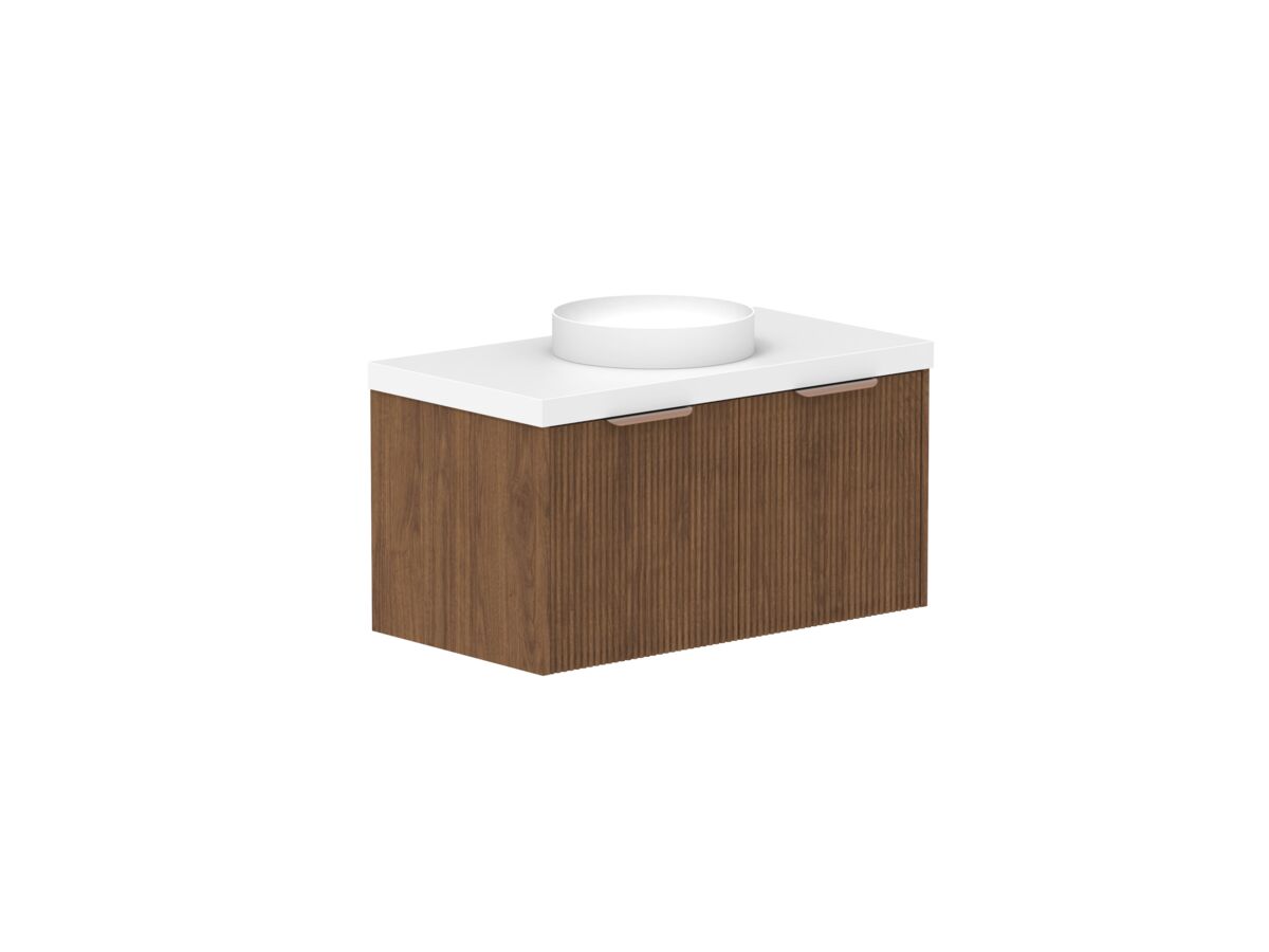 Hero - Kado Neue Fluted Square All Drawer 900mm Wall Hung Vanity with Centre Basin 50mm Top Florentine Walnut
