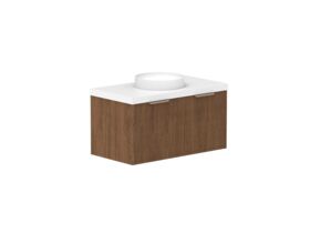Hero - Kado Neue Fluted Square All Drawer 900mm Wall Hung Vanity with Centre Basin 50mm Top Florentine Walnut