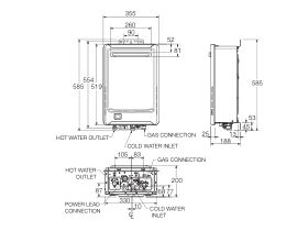 Technical Drawing - Rheem 12L - 26L Gas Continuous Flow Water Heater