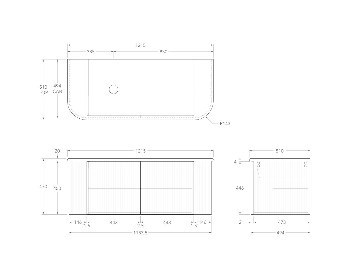 Technical Drawing - Kado Neue Fluted Double Curve All Door 1200mm Wall Hung Vanity with Left Hand Basin 20mm Top