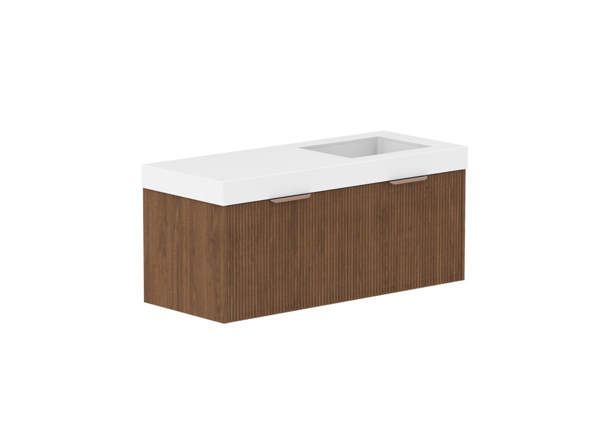 Hero - Kado Neue Fluted Square All Drawer 1200mm Wall Hung Vanity with Right Hand Basin 90mm Top Florentine Walnut