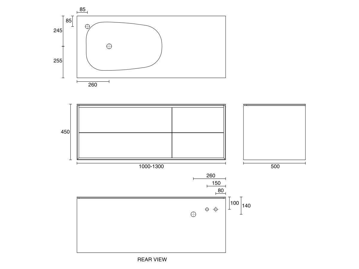 ISSY Glide Twin 1000mm - 1300mm Custom Wall Hung Vanity Unit Single Bowl 4 Drawers