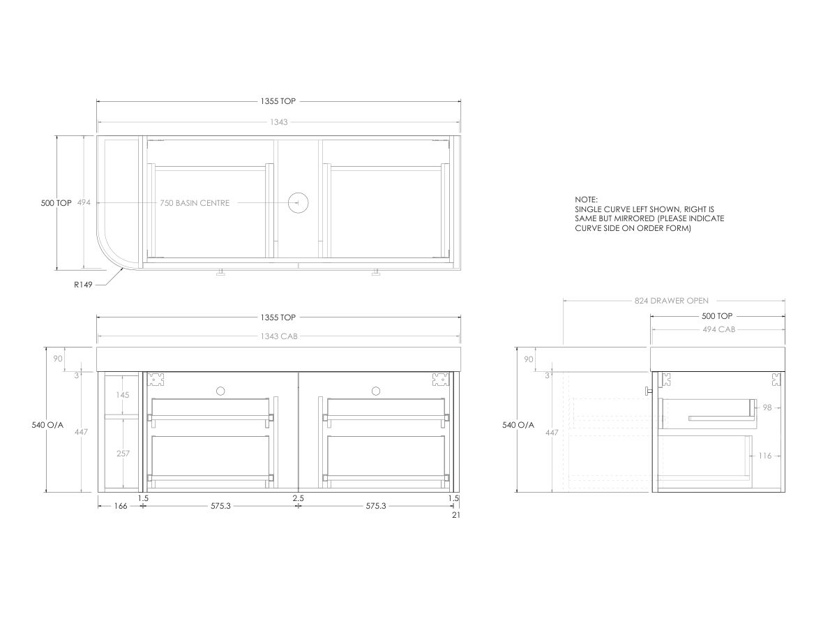Technical Drawing - Kado Era Single Curve All Drawer 1350mm Wall Hung Vanity Centre Basin 90mm Durasein Top