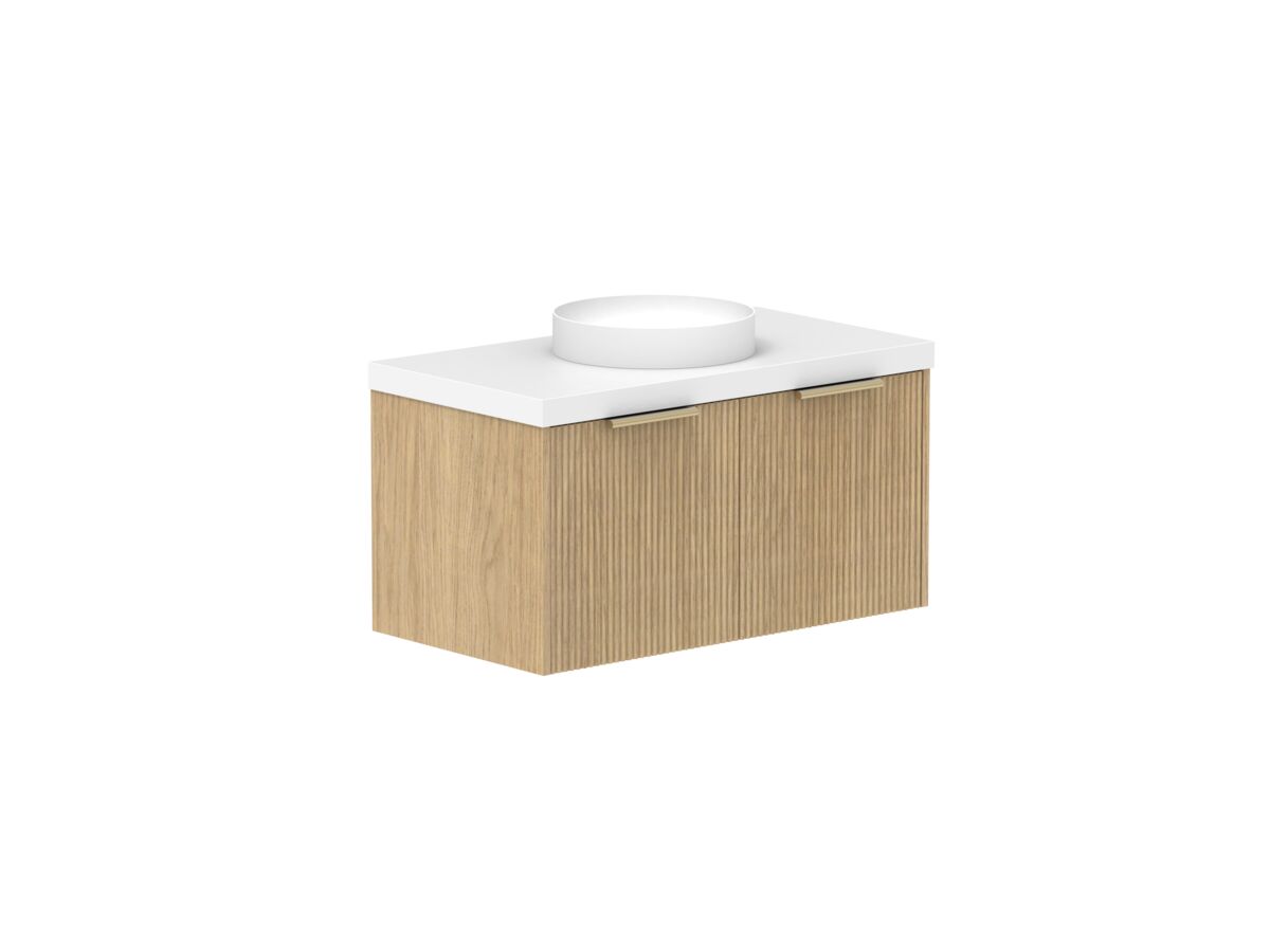 Supporting Image 2- Kado Neue Fluted Square All Drawer 900mm Wall Hung Vanity with Centre Basin 50mm Top Boston Oak