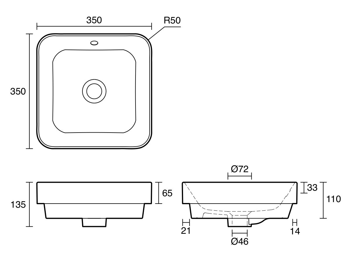 Technical Drawing - Posh Domaine Square Semi Inset Basin with Overflow 350mm x 350mm White