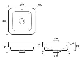 Technical Drawing - Posh Domaine Square Semi Inset Basin with Overflow 350mm x 350mm White