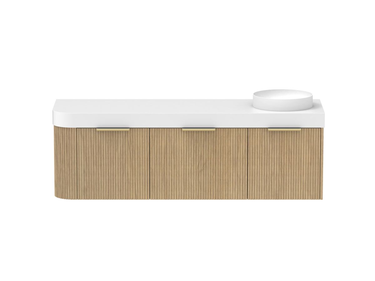 Supporting Image - Kado Neue Fluted Single Curve All Drawer 1650mm Wall Hung Vanity with Right Hand Basin Durasein 90mm Top Boston Oak