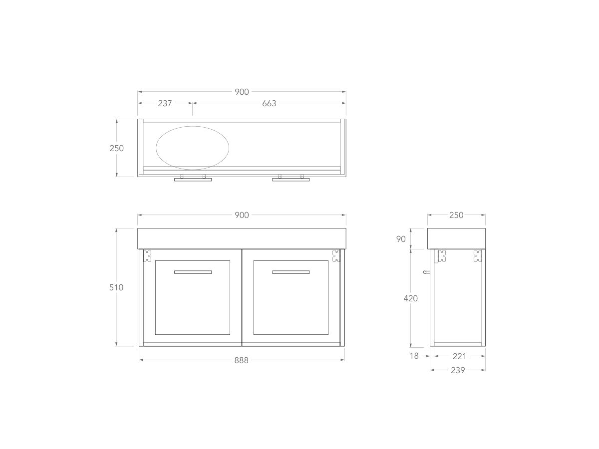 Kado Lux Petite Vanity Unit Wall Hung 900 Left & Right Bowl Statement Top (Basin Included)
