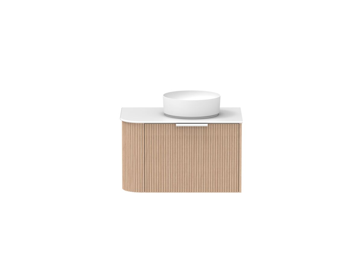 Supporting Image - Kado Neue Fluted Single Curve All Drawer 750mm Wall Hung Vanity with Centre Basin Durasein 12mm Top Blonde Oak
