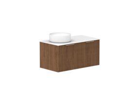 Hero - Kado Neue Fluted Square 900mm Wall Hung Vanity with Left Basin Durasein 12mm Top Florentine Walnut