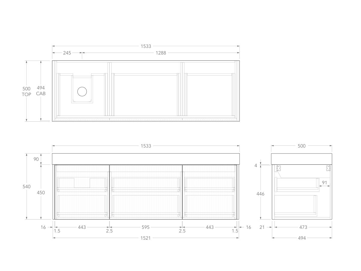 Technical Drawing - Kado Neue Fluted Square All Drawer 1500mm Wall Hung Vanity with Left Hand Basin 90mm Top