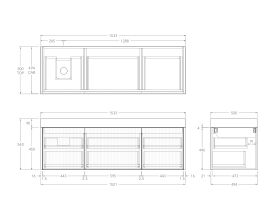 Technical Drawing - Kado Neue Fluted Square All Drawer 1500mm Wall Hung Vanity with Left Hand Basin 90mm Top