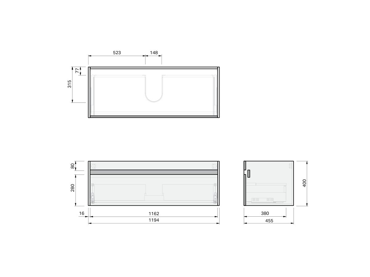 Technical Drawing - Posh Domaine Single 1200 1 Drawer Wall Hung Vanity Mineral Cast