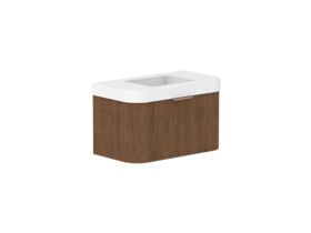 Supporting Image - Kado Neue Fluted Double Curve All Drawer 900mm Wall Hung Vanity with Centre Basin Durasein 90mm Top Florentine Walnut