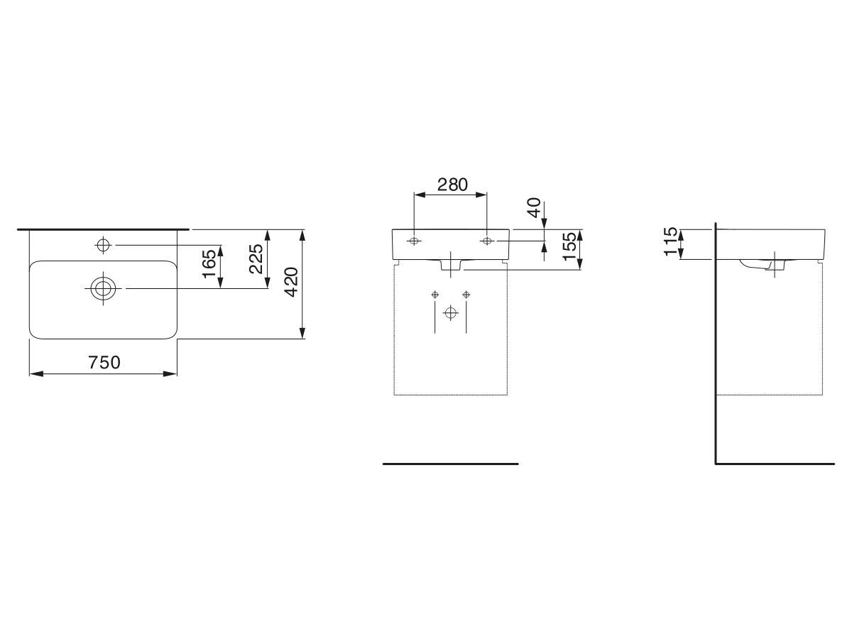 LAUFEN Val Wall Basin with Fixing Bolts with Overflow 1 Taphole 750mm White