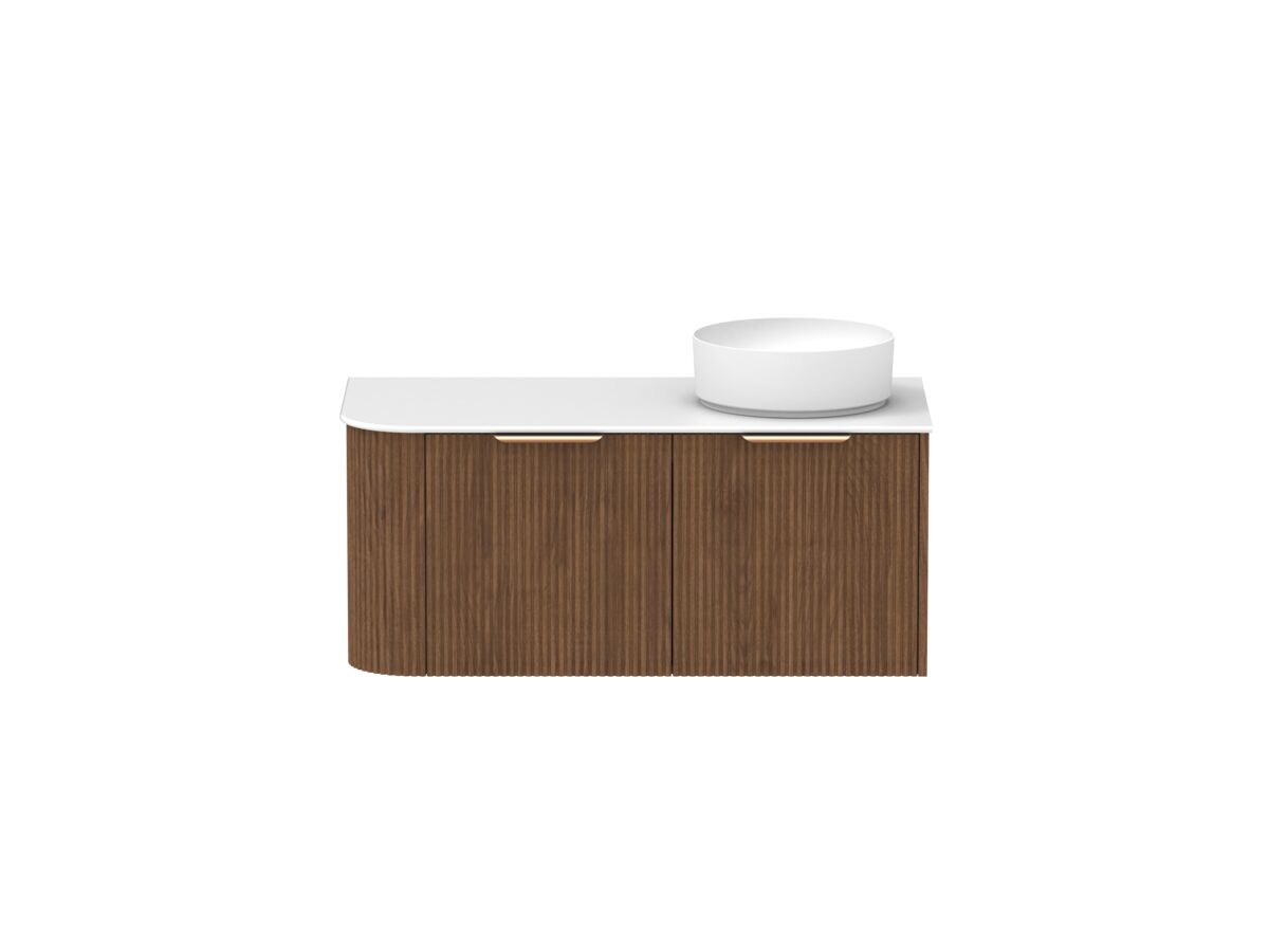 Supporting Image - Kado Neue Fluted Single Curve All Drawer 1050mm Wall Hung Vanity with Right Hand Basin Durasein 12mm Top Florentine Walnut