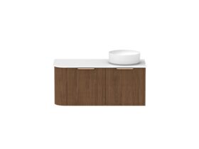 Supporting Image - Kado Neue Fluted Single Curve All Drawer 1050mm Wall Hung Vanity with Right Hand Basin Durasein 12mm Top Florentine Walnut