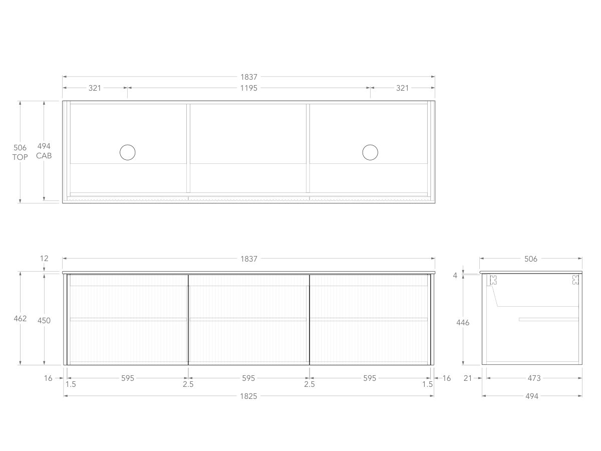 Technical Drawing - Kado Neue Fluted Square All Door 1800mm Wall Hung Vanity with Double Basin Durasein 12mm Top