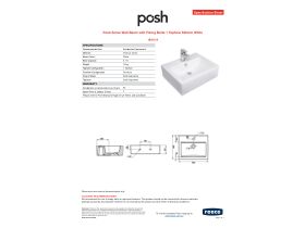 Specification Sheet - Posh Solus Wall Basin with Fixing Bolts 1 Taphole 500mm White