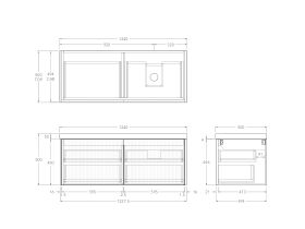 Technical Drawing - Kado Neue Fluted Square All Drawer 1200mm Wall Hung Vanity with Right Hand Basin 50mm Top