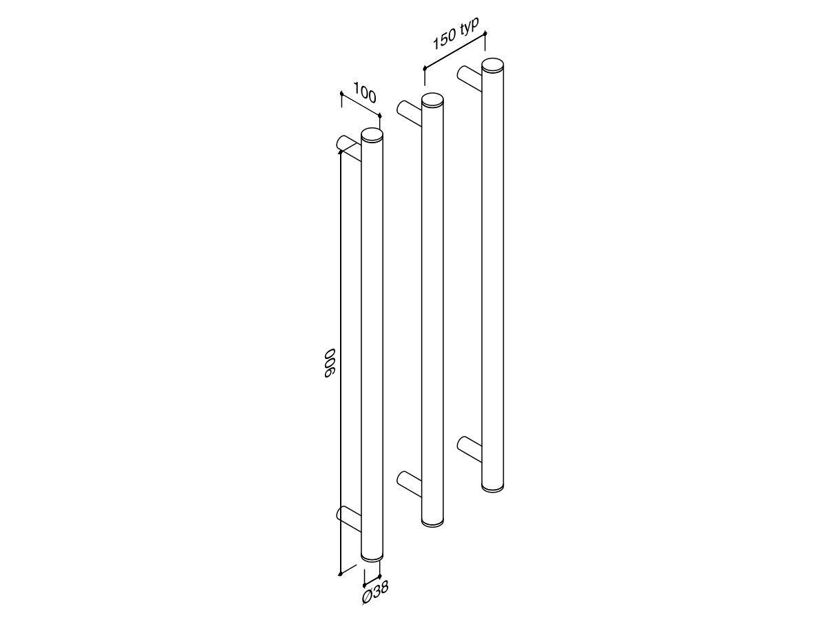 Technical Drawing - Hydrotherm Pure Vertical Triple Heated Towel Rail 900 x 38mm