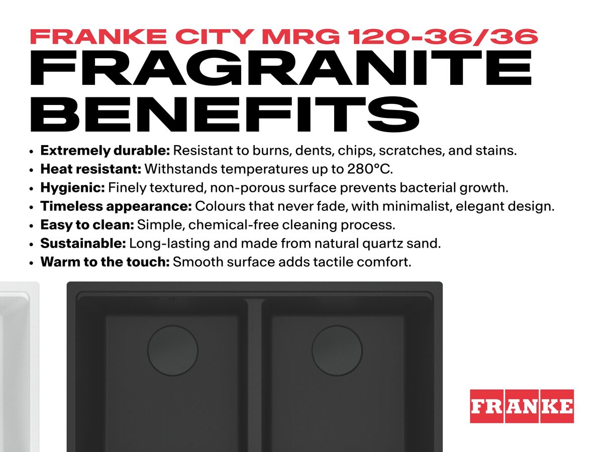 Franke City Fragranite Double Bowl 360mm Bowl + 360mm Bowl Undermount Sink Benefits