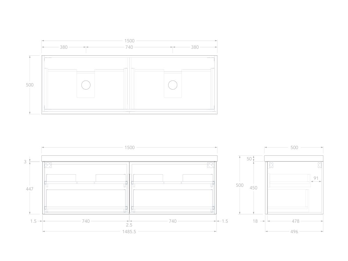 Technical Drawing - Kado Lux Slim All Drawer 1500mm Wall Hung Vanity with Double Basin 50mm Top
