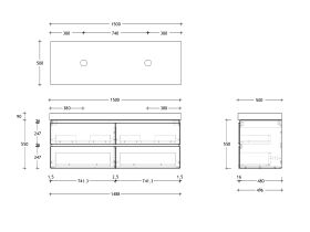 Technical Drawing - Posh Domaine 1500mm Wall Hung Twin Vanity Unit All-Drawer Double Bowl 90mm Top