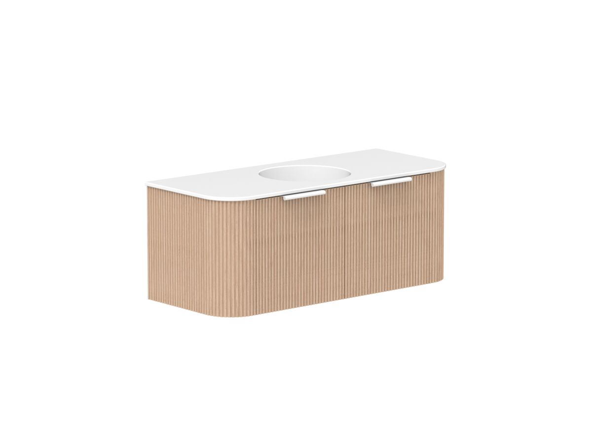Supporting Image 2 - Kado Neue Fluted Double Curve 1200mm Wall Hung Vanity Centre Basin Matte White Ceramic Top Blonde Oak