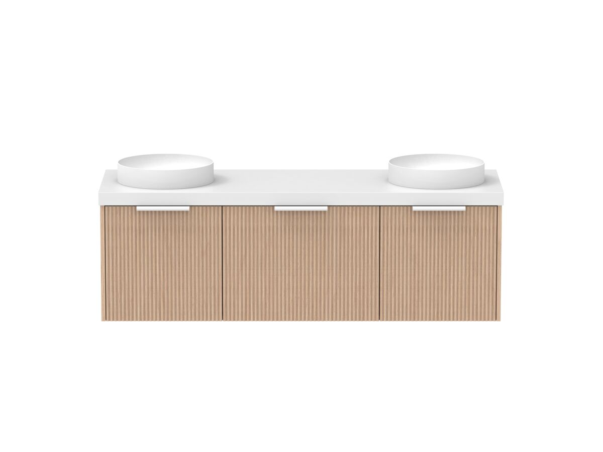 Supporting Image - Kado Neue Fluted Square All Drawer 1500mm Wall Hung Vanity with Double Basin 50mm Top Blonde Oak