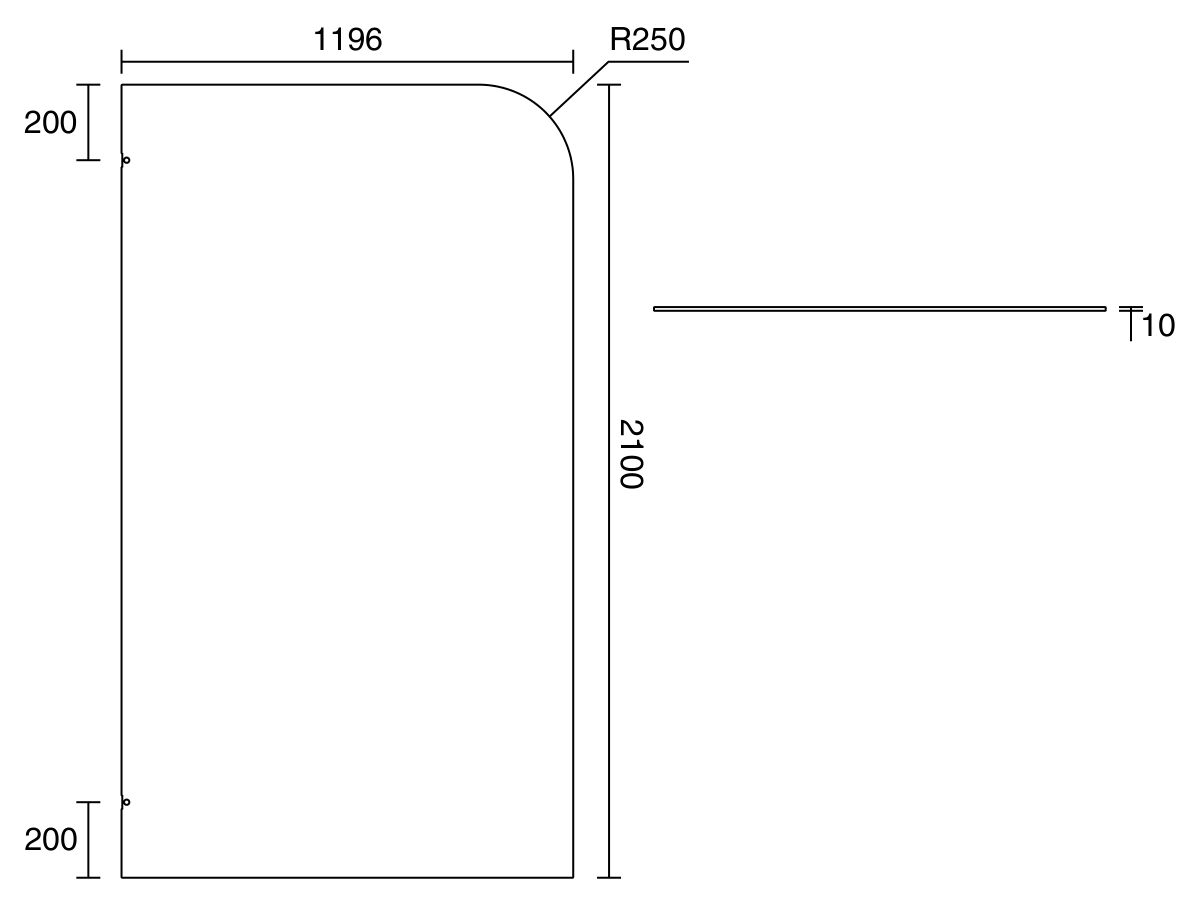 Technical Drawing - Kado Lux Frameless Curved Shower Panel Clear 1200mm