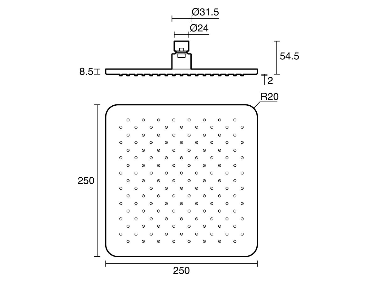 Technical Drawing - Mizu Bloc Overhead Shower 250mm