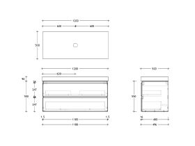 Technical Drawing - Posh Domaine 1200mm Wall Hung Twin Vanity Unit All-Drawer Single Bowl 90mm Top