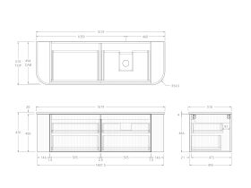 Technical Drawing - Kado Neue Fluted Double Curve All Drawer 1500 Wall Hung Vanity with Right Hand Basin 20mm