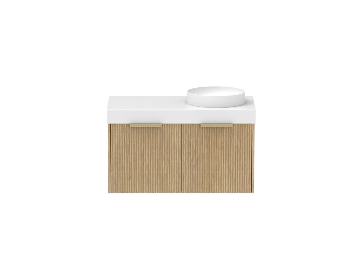 Supporting Image - Kado Neue Fluted Square 900mm Wall Hung Vanity with Right Basin 90mm Top Boston Oak
