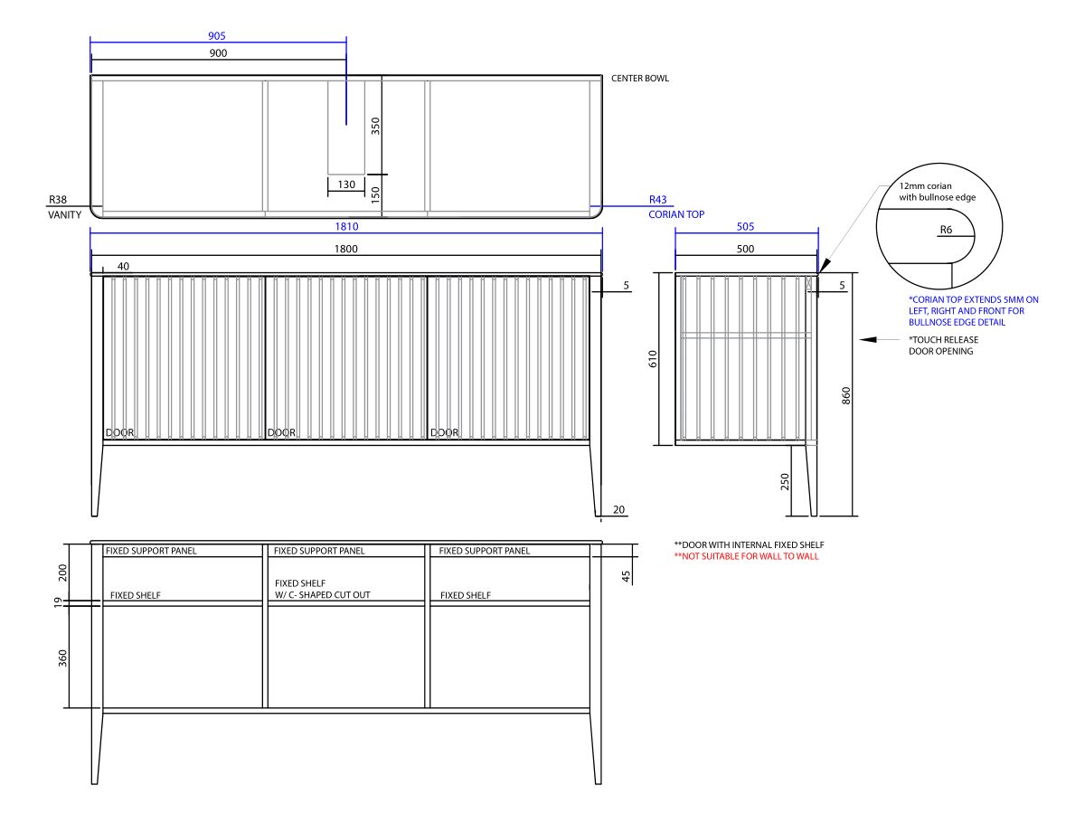 ISSY Cloud I 1800mm x 500mm x 860mm Vanity Unit with Legs 3 Touch Latch Doors Semi Inset (No Basin)