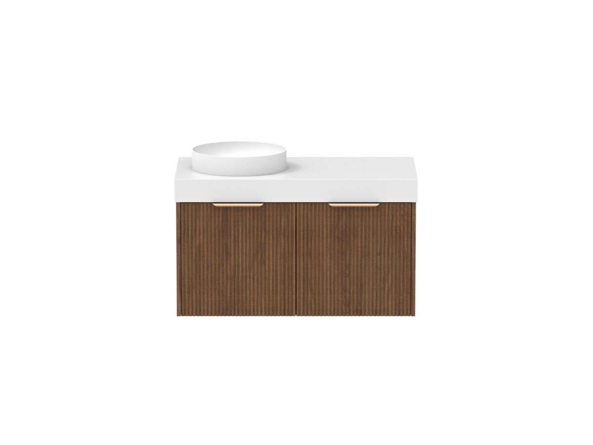 Supporting Image - Kado Neue Fluted Square 900mm Wall Hung Vanity with Left Basin 90mm Top Florentine Walnut