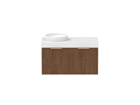 Supporting Image - Kado Neue Fluted Square 900mm Wall Hung Vanity with Left Basin 90mm Top Florentine Walnut
