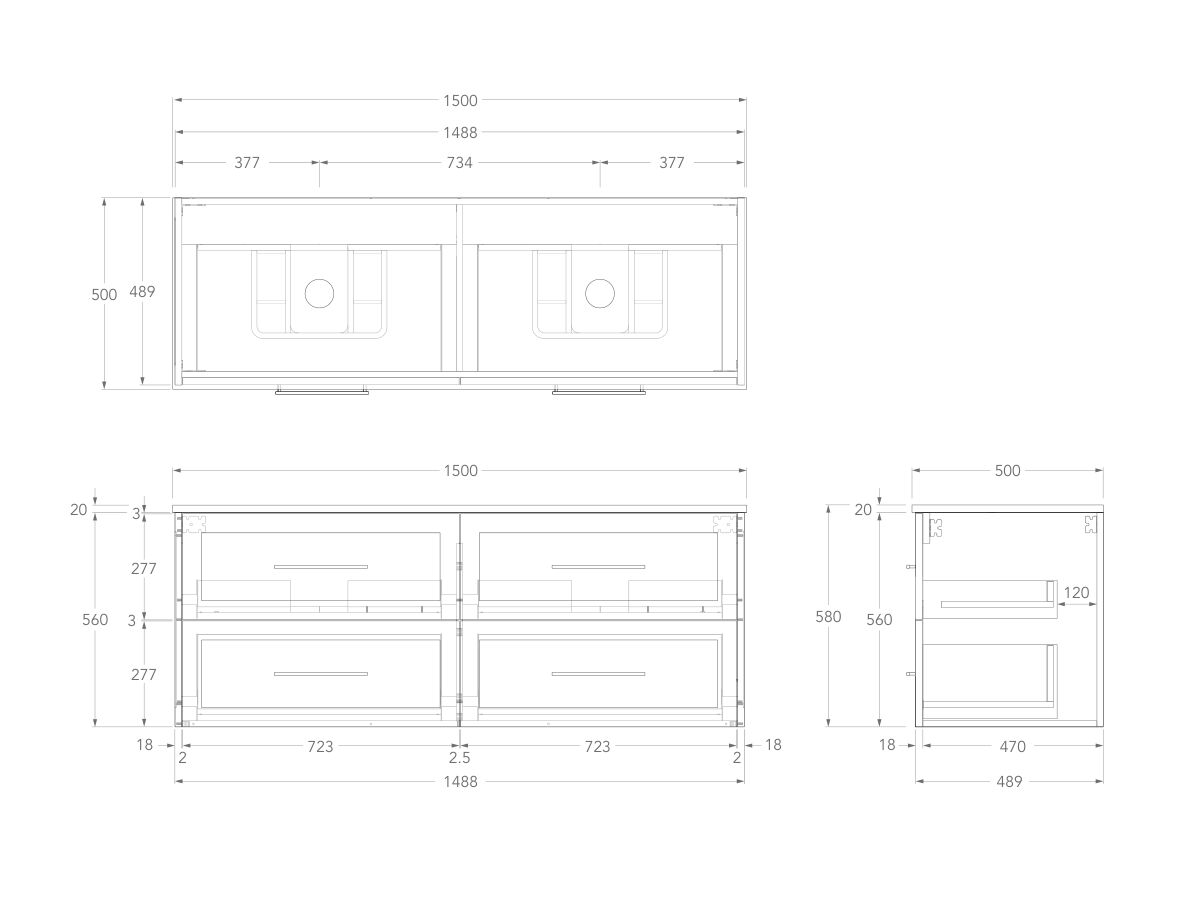 Kado Lux Wall Hung 1500mm 4 Drawer Double Bowl Vanity (No Basin)