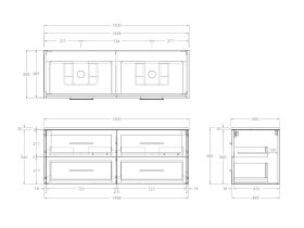 Kado Lux Wall Hung 1500mm 4 Drawer Double Bowl Vanity (No Basin)