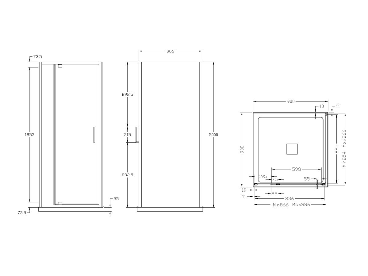 Posh Bristol Luna Shower Base & Shower Screen with Centre Outlet 900mm x 900mm White & Chrome