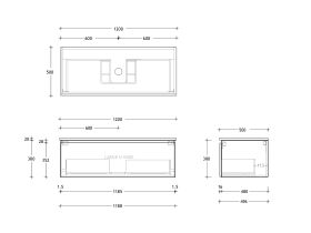 Technical Drawing - Posh Domaine All Drawer 1200mm Wall Hung Vanity Centre Basin 20mm Top